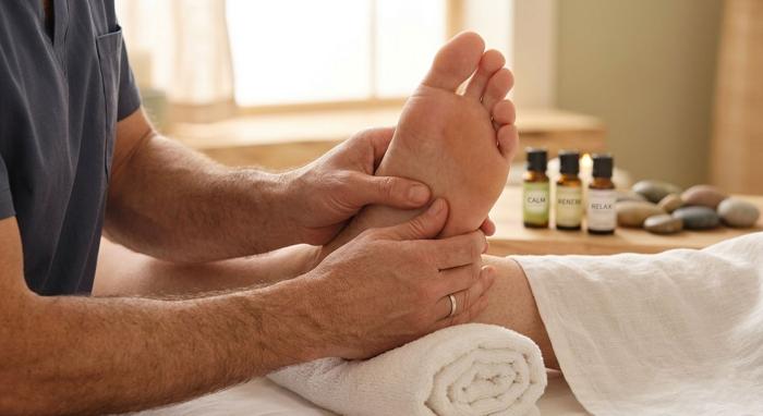 Reflexology foot massage with essential oils and warm towels