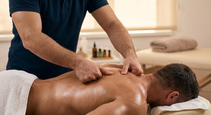 Therapist performing neuromuscular and trigger point therapy on a client's shoulder and upper back